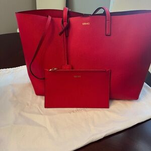 VERSACE,  Virtus Leather Tote Scarlet Red with Pouch and Dustbin